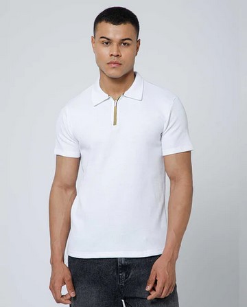Mens Half Sleeve Zipper Waffle White T-shirt