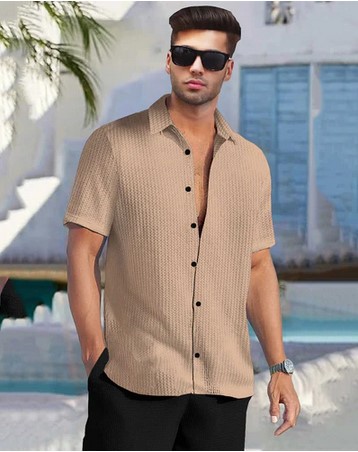 Textured Half Sleeve Plain Waffle Shirt