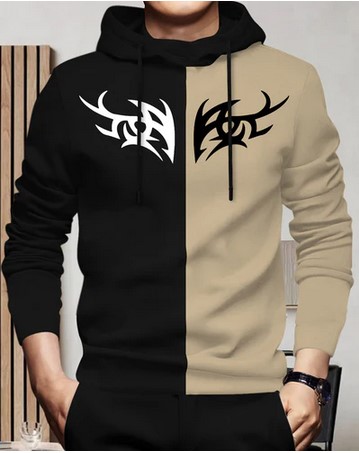 Full Sleeve Hooded Neck Dual Color Printed T-shirt Black & Beige