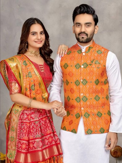 Orange Couple Combo Mens Cotton Kurta with Womens Jacquard Silk Saree
