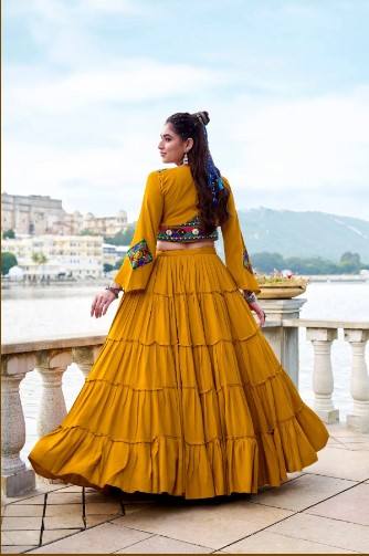 Mustard Rayon Gamthi Mirror Lehenga with 10 Meters Flair