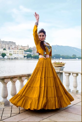 Mustard Rayon Gamthi Mirror Lehenga with 10 Meters Flair