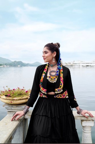 Black Rayon Gamthi Jacket Lehenga Choli with 10 Meters Flair