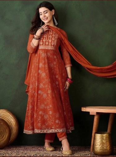 Orange Georgette Anarkali Kurta Set with Foil Print