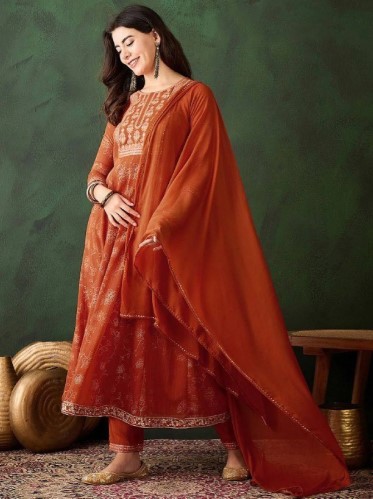 Orange Georgette Anarkali Kurta Set with Foil Print
