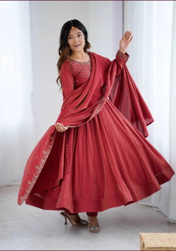 Maroon Roman Shimmer Silk Anarkali Suit with Dupatta