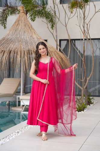 Royal Rani Pink Pure Roman silk Chanderi Anarkali Set with Dupatta and Pant