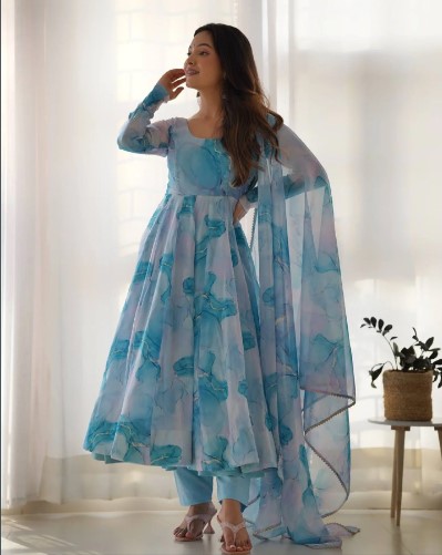 Marble Print Organza Anarkali Set with Gota Dupatta