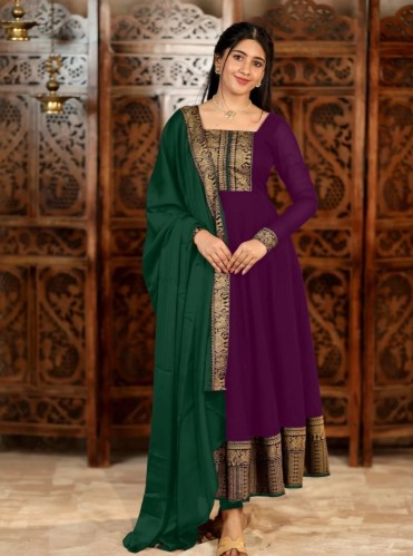 Purple Vichitra Silk Suit with Jacquard Lace and Dupatta