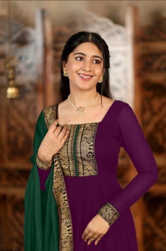 Purple Vichitra Silk Suit with Jacquard Lace and Dupatta