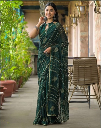 Bottle Green Heavy Georgette Silk Printed Saree