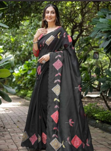 Black Cotton Printed Saree with Designer Blouse