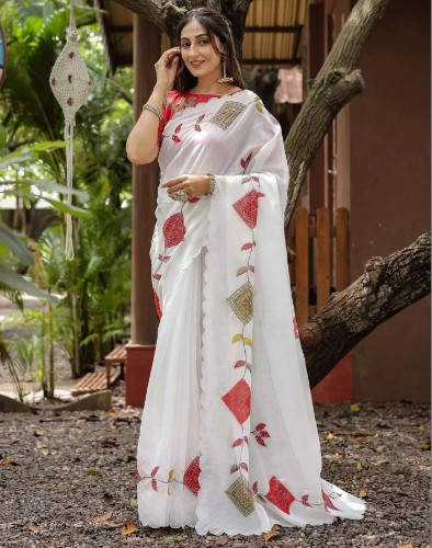 White Chanderi Cotton Bandhani Saree