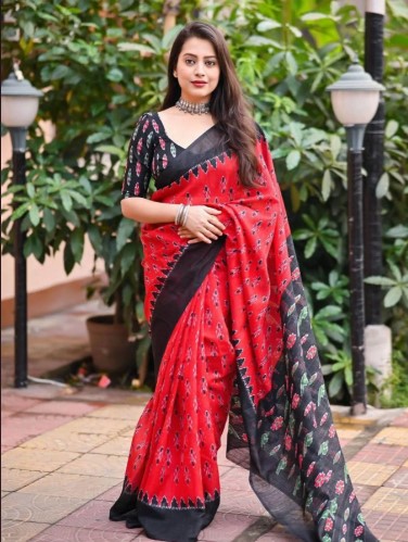 Red-Elegant Linen Cotton Printed Saree