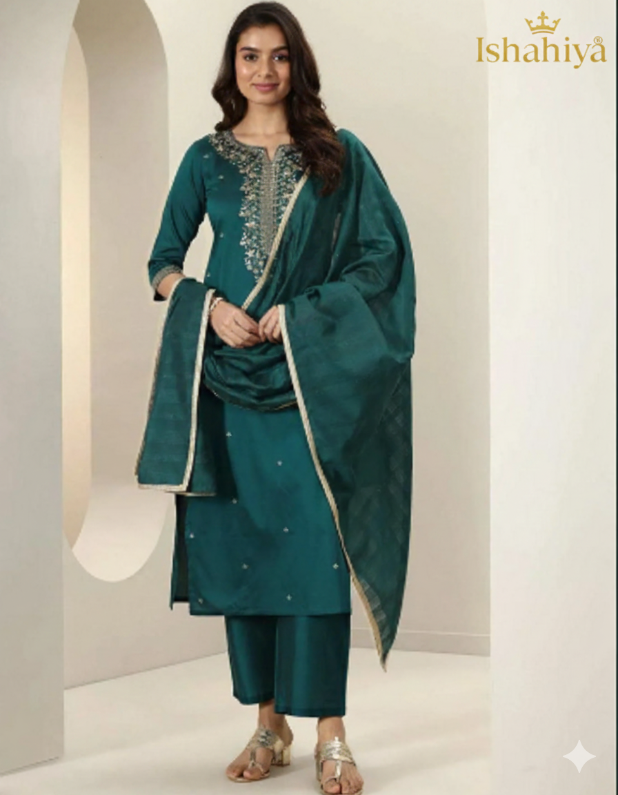 Premium Teal Roman Silk Kurta Pant Set with Intricate Embroidery and Chanderi Dupatta